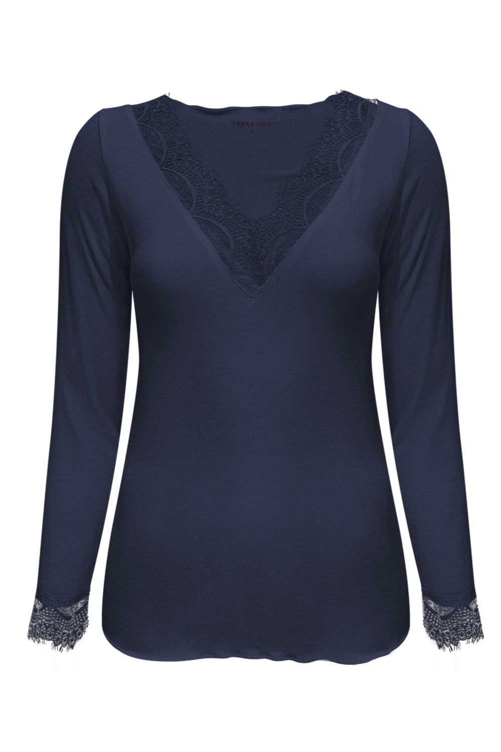 Triple Nine TR9003 Top Cashmere met Kanten V-hals Navy - voorkant